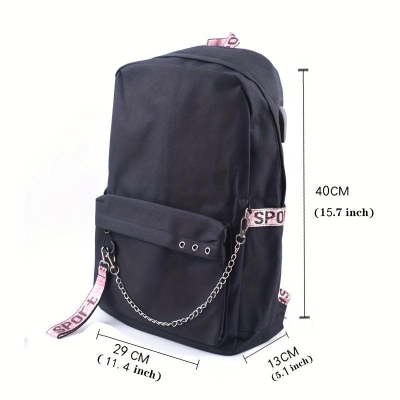 Kpop Canvas Backpack Casual Floral Print School Bag Chain Decor