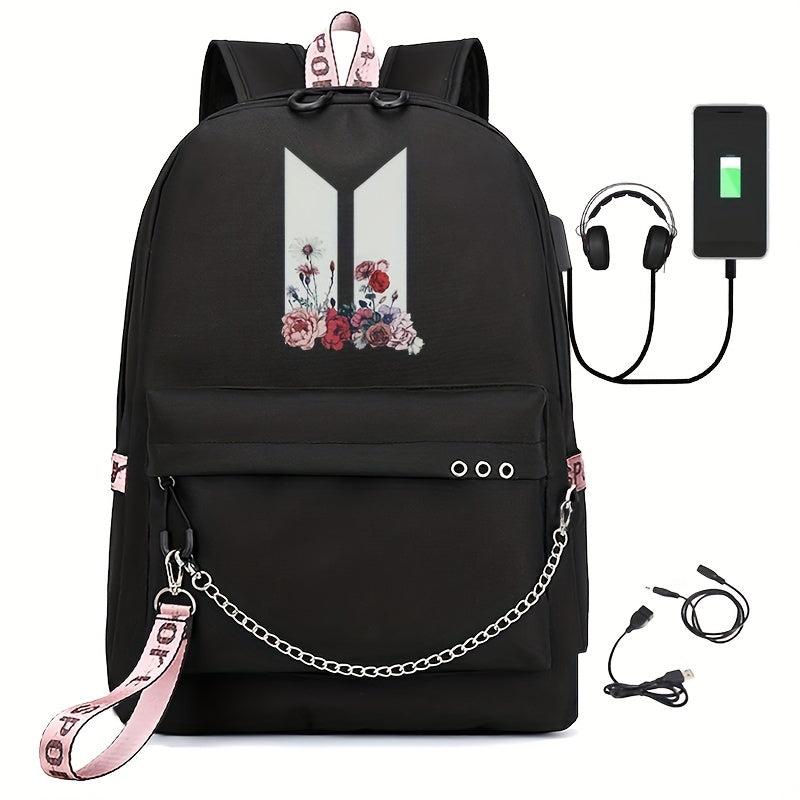 Kpop Canvas Backpack Casual Floral Print School Bag Chain Decor