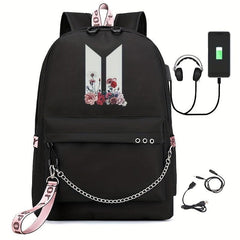 Kpop Canvas Backpack Casual Floral Print School Bag Chain Decor