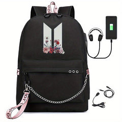 Kpop Canvas Backpack Casual Floral Print School Bag Chain Decor