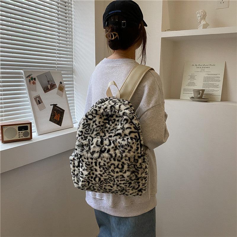 Plush Leopard Print Backpack Faux Wool Fluffy Knapsack Zipper School Bag