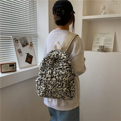 Plush Leopard Print Backpack Faux Wool Fluffy Knapsack Zipper School Bag