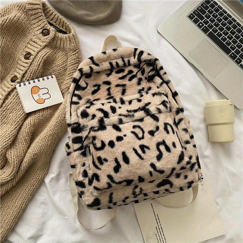 Plush Leopard Print Backpack Faux Wool Fluffy Knapsack Zipper School Bag