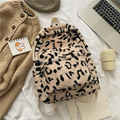 Plush Leopard Print Backpack Faux Wool Fluffy Knapsack Zipper School Bag