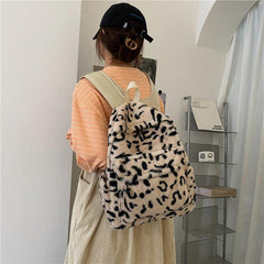 Plush Leopard Print Backpack Faux Wool Fluffy Knapsack Zipper School Bag