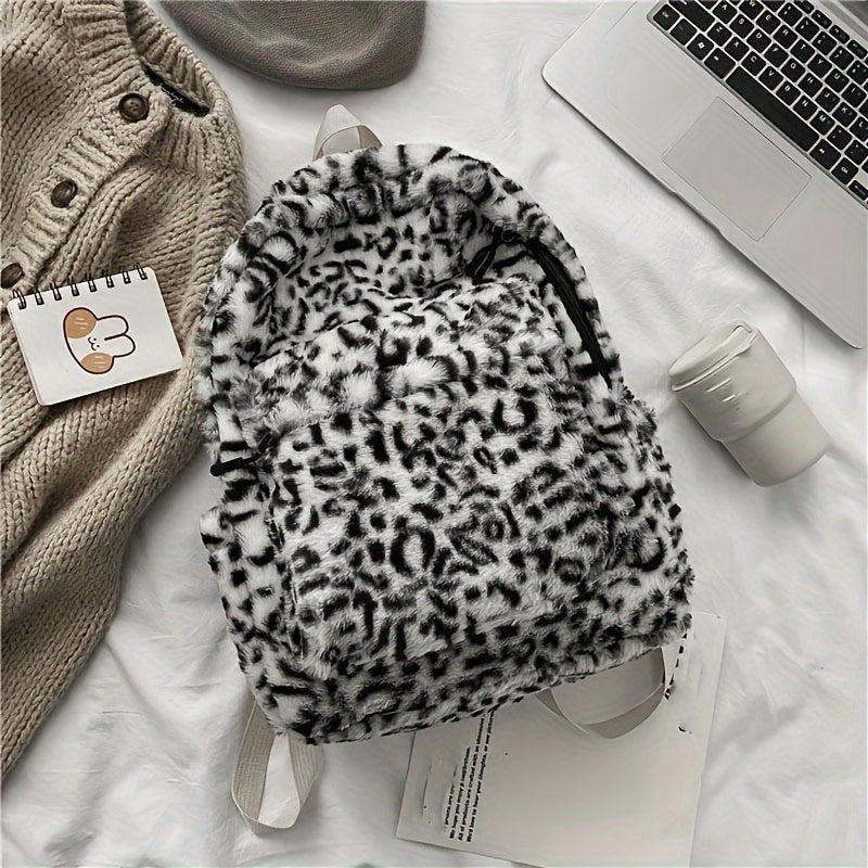 Plush Leopard Print Backpack Faux Wool Fluffy Knapsack Zipper School Bag