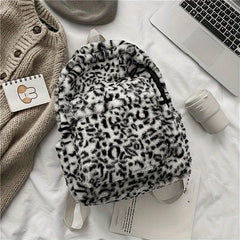 Plush Leopard Print Backpack Faux Wool Fluffy Knapsack Zipper School Bag