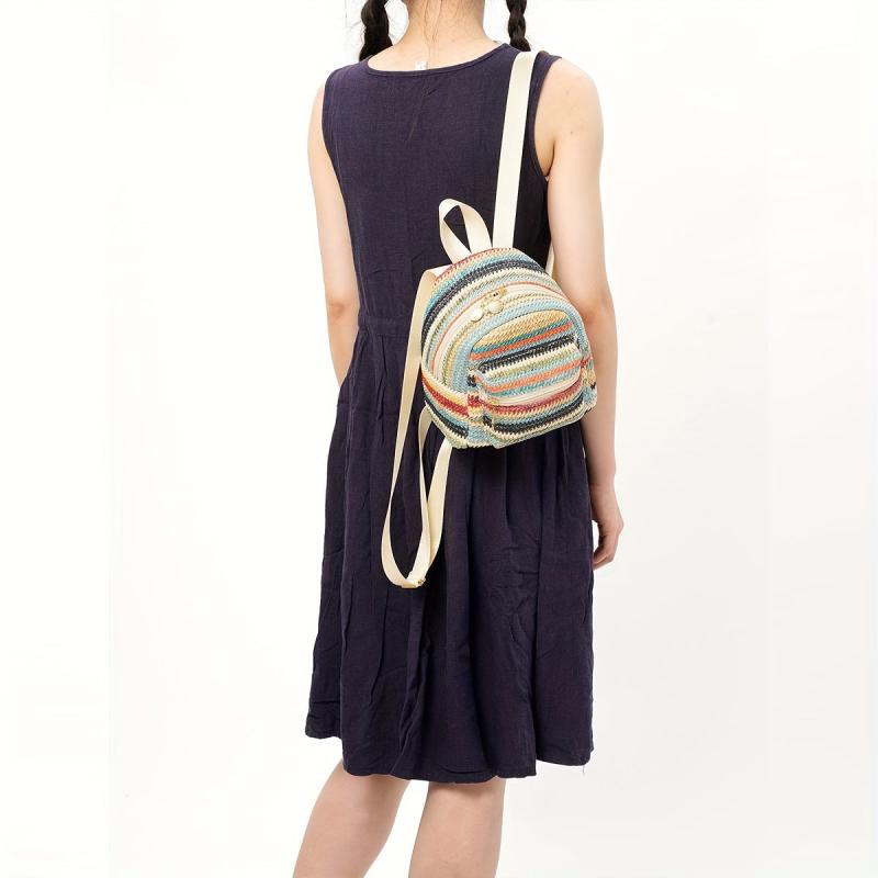 Colorful Straw Backpack Purse for Summer Beach Travel