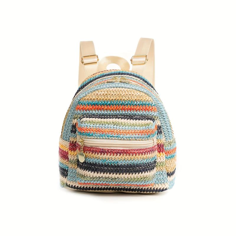 Colorful Straw Backpack Purse for Summer Beach Travel