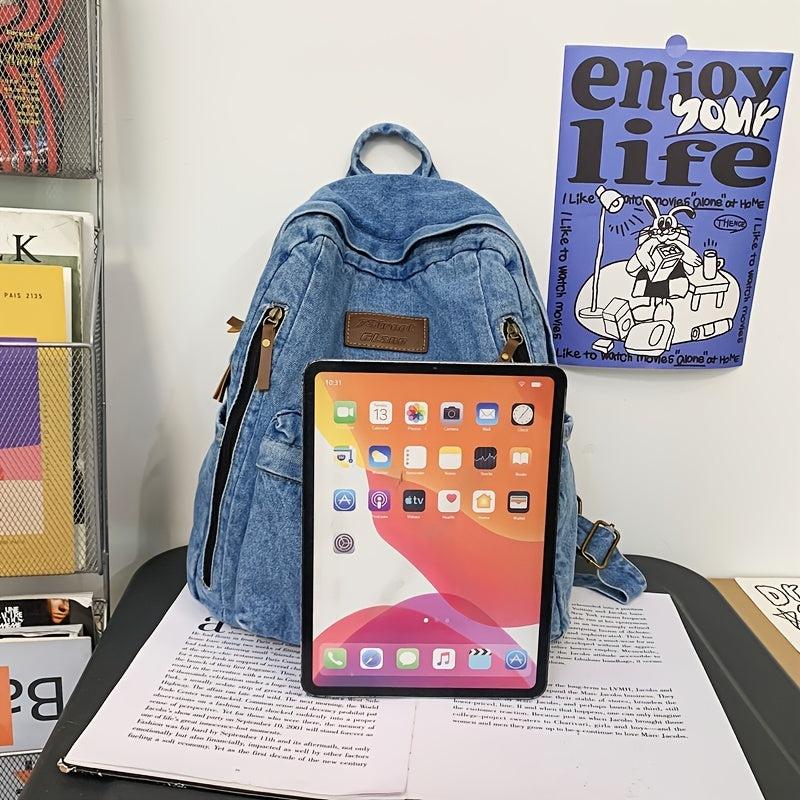 Letter Patch Detail Backpack Denim Zipper School Bag Stylish Large Capacity