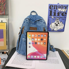 Letter Patch Detail Backpack Denim Zipper School Bag Stylish Large Capacity