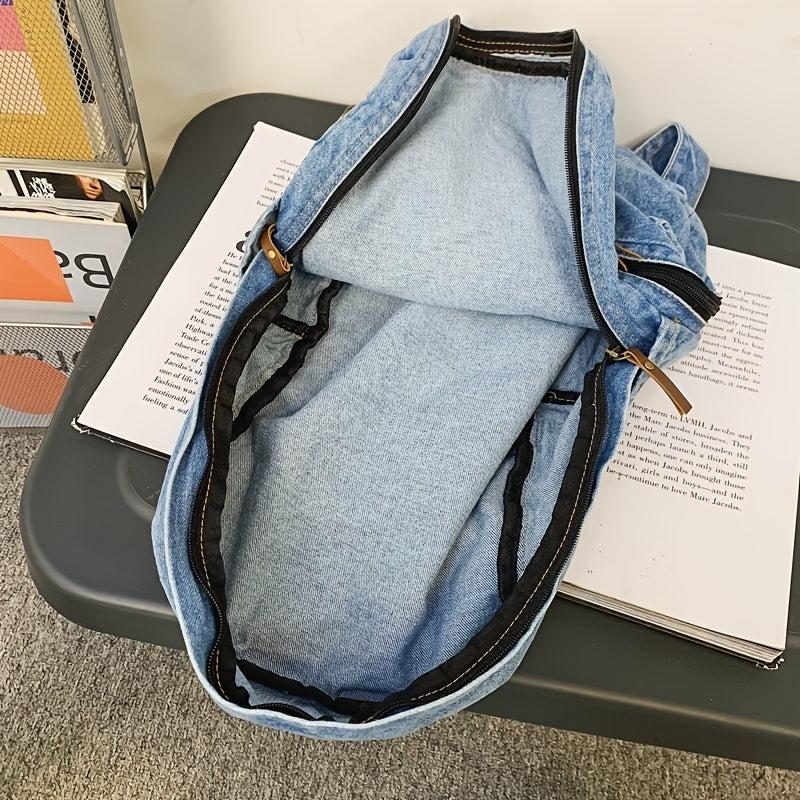Letter Patch Detail Backpack Denim Zipper School Bag Stylish Large Capacity