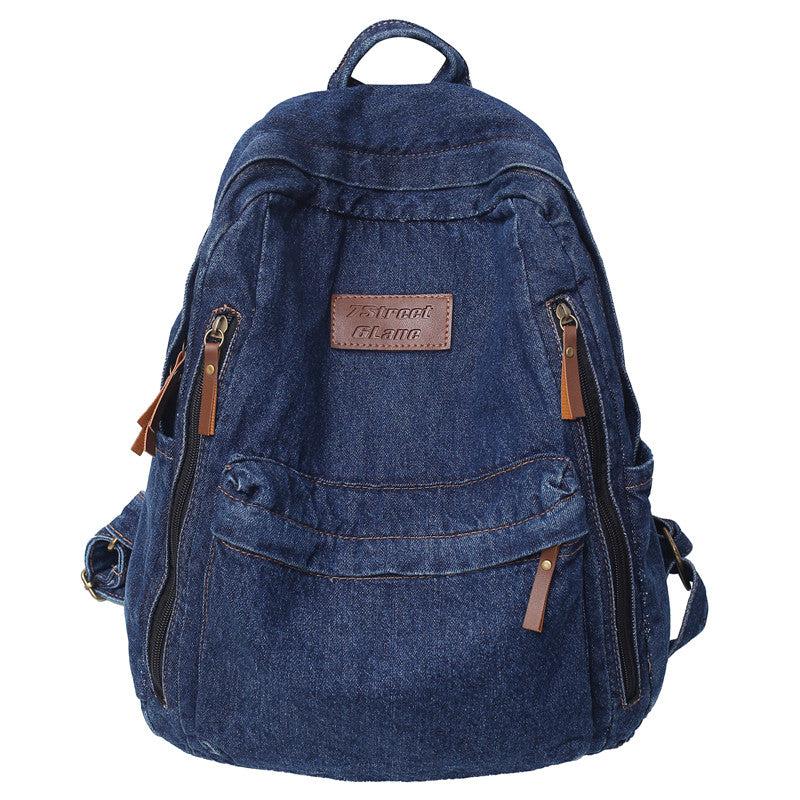 Letter Patch Detail Backpack Denim Zipper School Bag Stylish Large Capacity