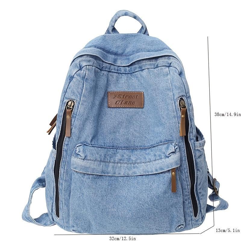 Letter Patch Detail Backpack Denim Zipper School Bag Stylish Large Capacity