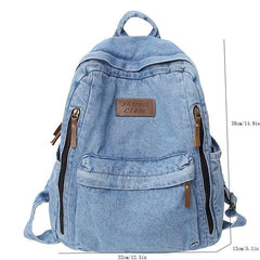 Letter Patch Detail Backpack Denim Zipper School Bag Stylish Large Capacity