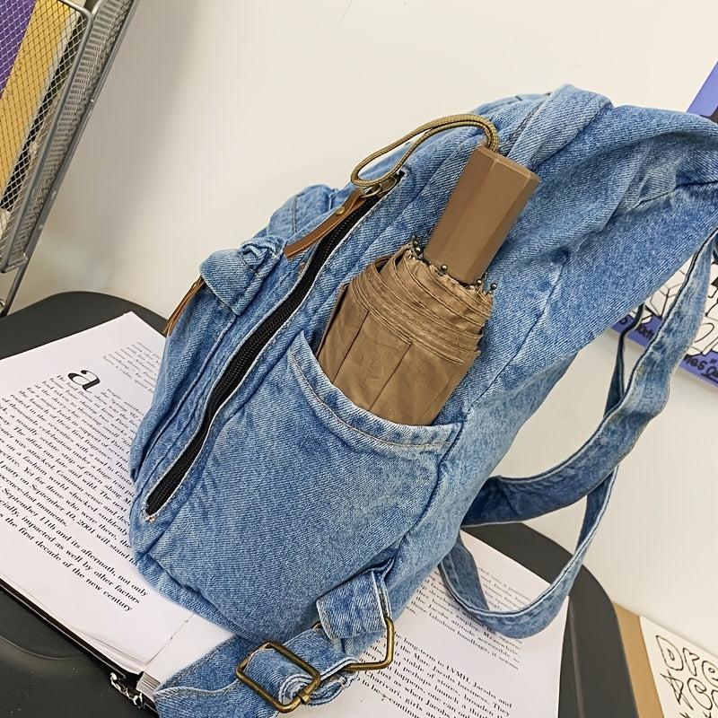 Letter Patch Detail Backpack Denim Zipper School Bag Stylish Large Capacity