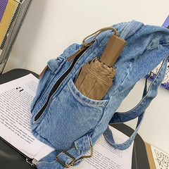 Letter Patch Detail Backpack Denim Zipper School Bag Stylish Large Capacity