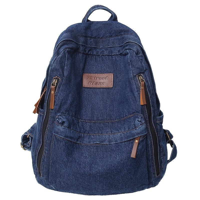 Letter Patch Detail Backpack Denim Zipper School Bag Stylish Large Capacity