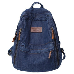 Letter Patch Detail Backpack Denim Zipper School Bag Stylish Large Capacity