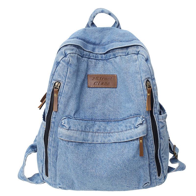 Letter Patch Detail Backpack Denim Zipper School Bag Stylish Large Capacity