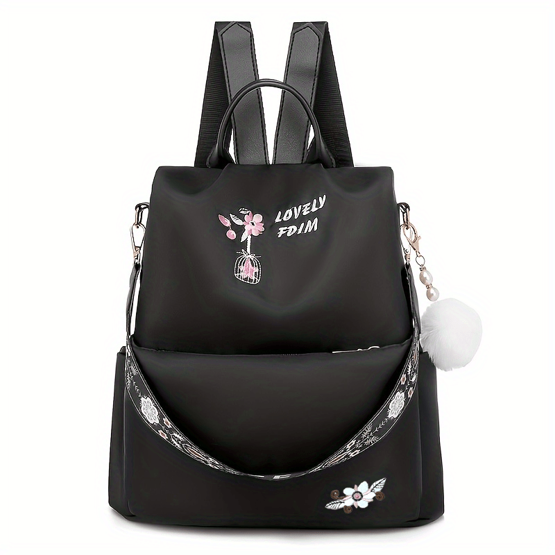 Flower Embroidery Backpack Purse Waterproof Anti-theft Shoulder Bag