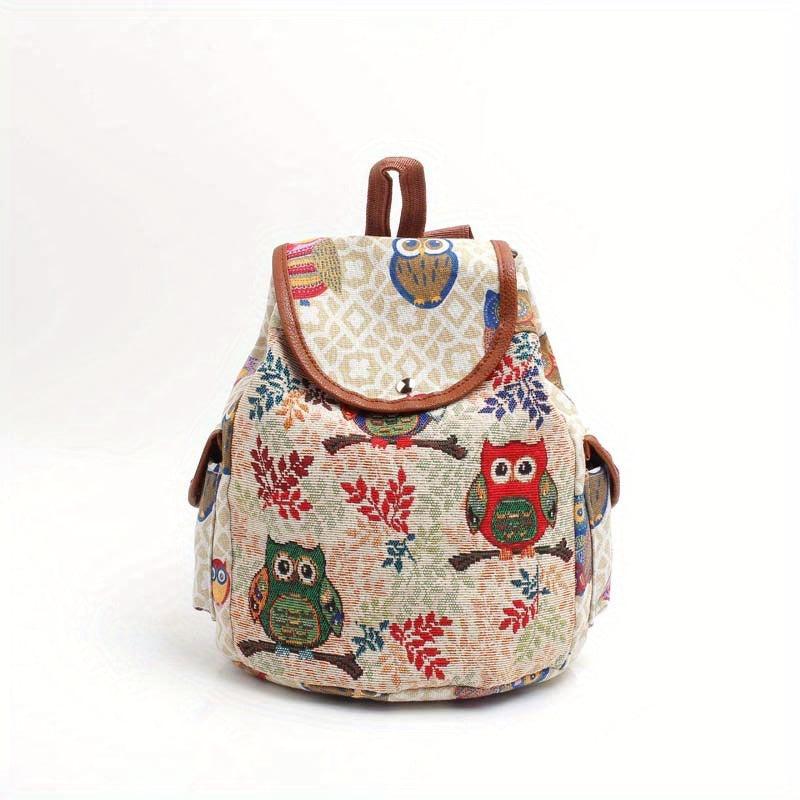 Vintage Owl Pattern Backpack Ethnic Storage Rucksack Women's Lightweight Travel