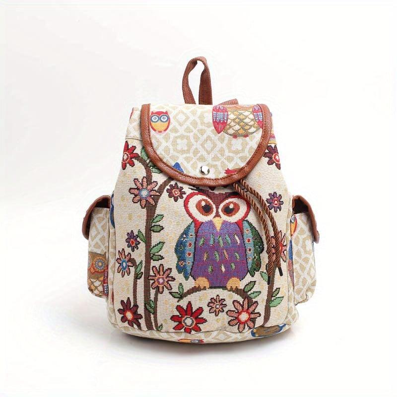 Vintage Owl Pattern Backpack Ethnic Storage Rucksack Women's Lightweight Travel