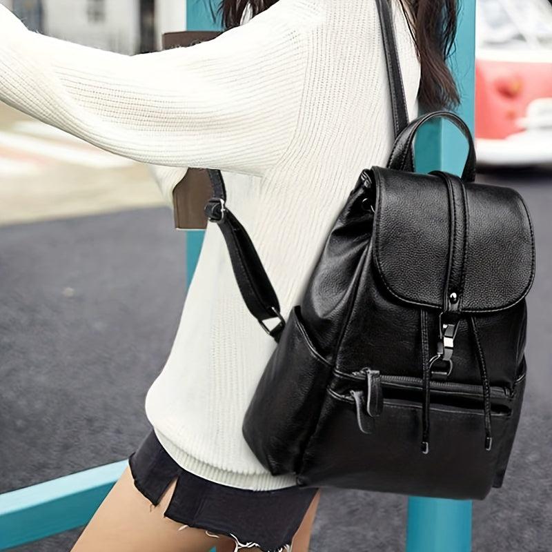 Faux Leather Flap Backpack Drawstring Daypack
