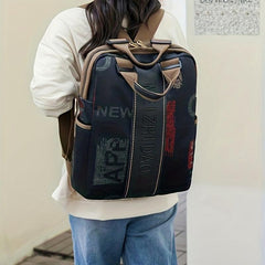 Letter Embossed Allover Print Backpack Large Capacity Zipper Knapsack