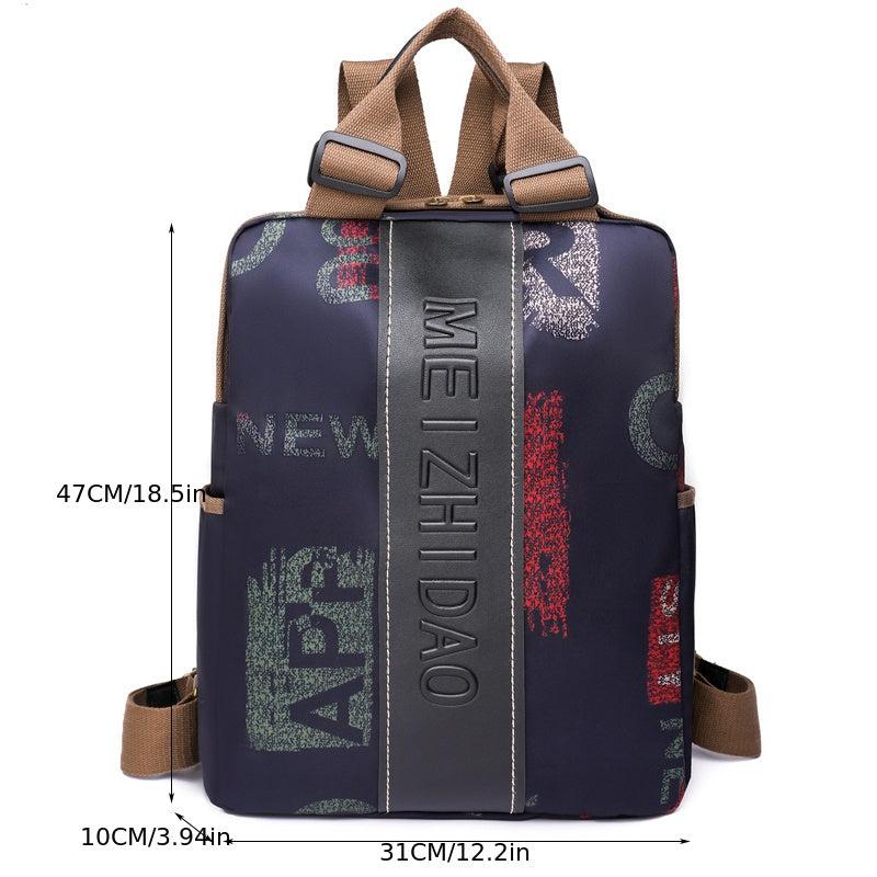 Letter Embossed Allover Print Backpack Large Capacity Zipper Knapsack