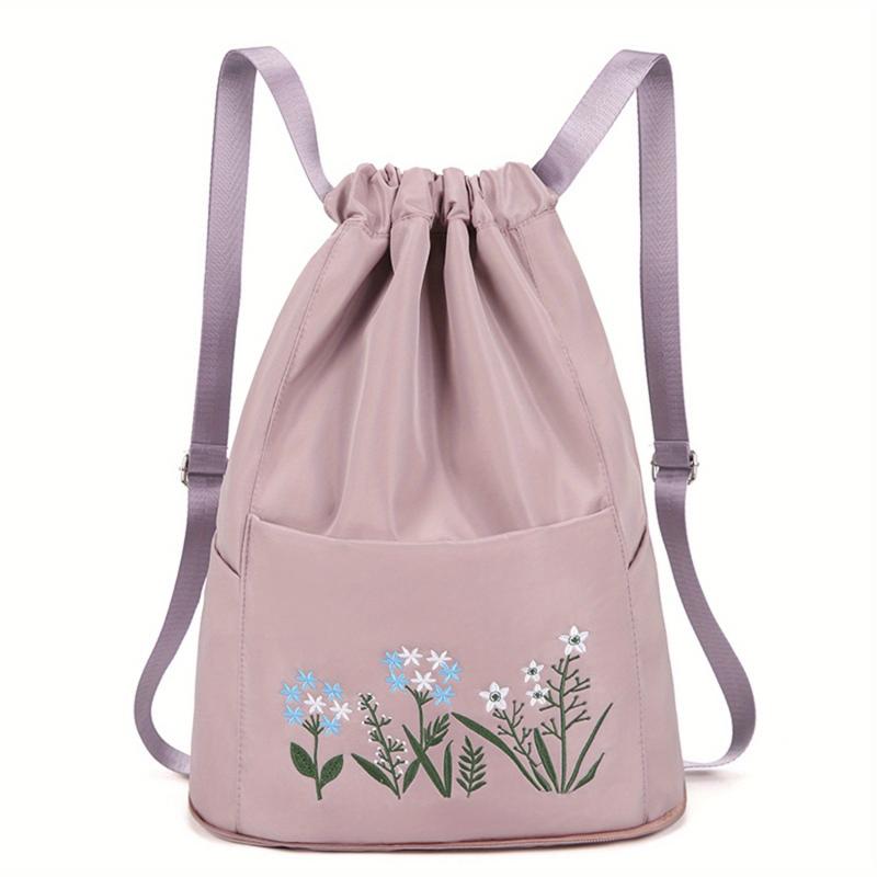 Embroidered Flower Drawstring Backpack