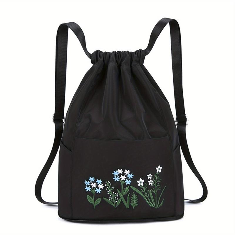 Embroidered Flower Drawstring Backpack