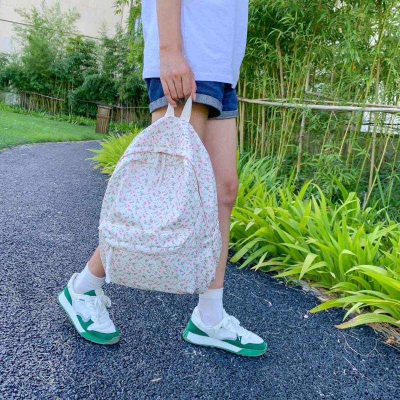 Floral Print Backpack Double Zip Shoulder Bag School Travel Daypack