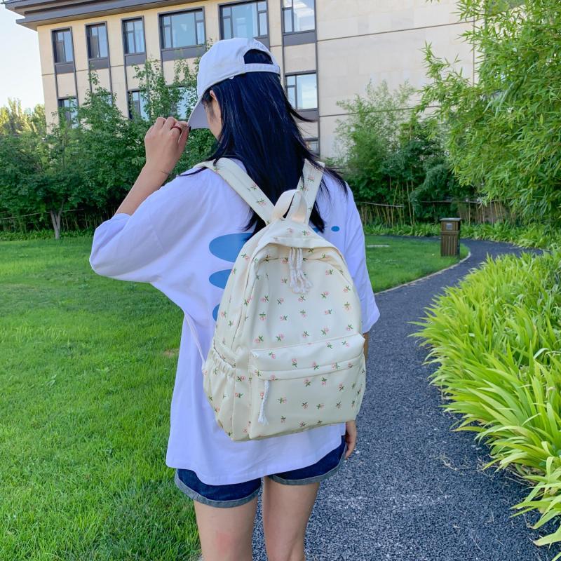 Floral Print Backpack Double Zip Shoulder Bag School Travel Daypack