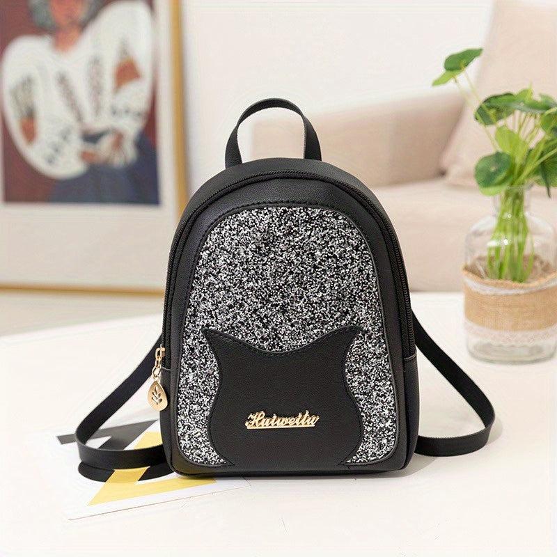Cat Pattern Glitter Sequins Backpack - Mini Crossbody Bag Handbag