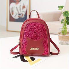 Cat Pattern Glitter Sequins Backpack - Mini Crossbody Bag Handbag