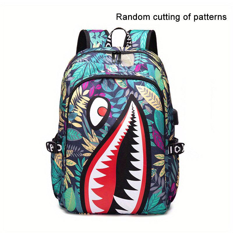 Shark Pattern Backpack Nylon Student School Bag Lightweight Travel Bookbag