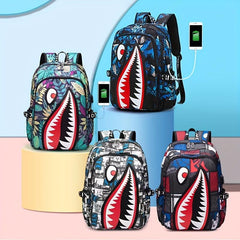 Shark Pattern Backpack Nylon Student School Bag Lightweight Travel Bookbag
