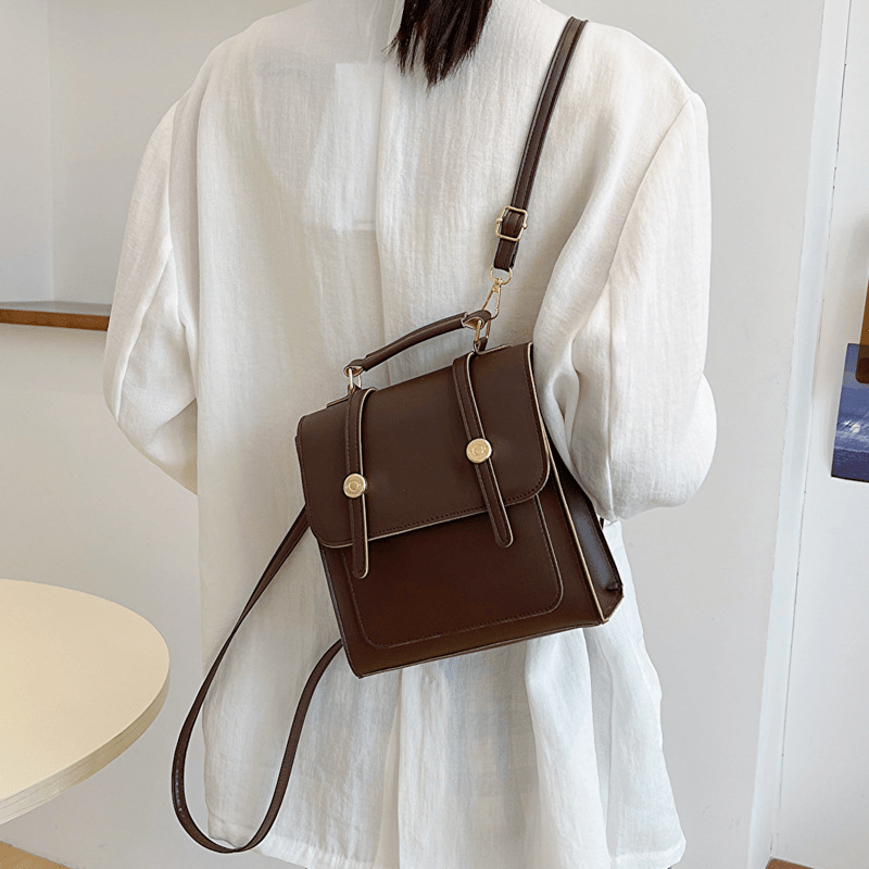Vintage Preppy Flap School Bag Solid Retro Backpack All Match