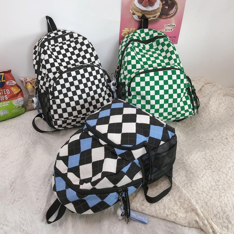 Checkered Student Backpack Preppy Style Bookbag Casual Travel Schoolbag