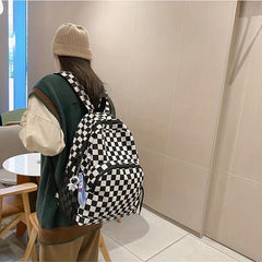 Checkered Student Backpack Preppy Style Bookbag Casual Travel Schoolbag