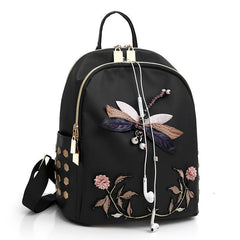 Dragonfly Embroidery Backpack Women's Floral Pattern Bookbag