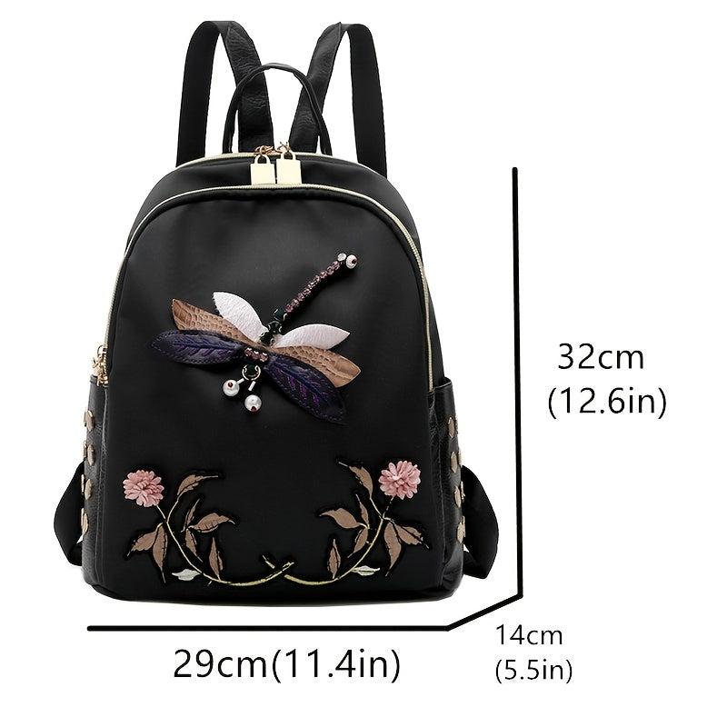 Dragonfly Embroidery Backpack Women's Floral Pattern Bookbag