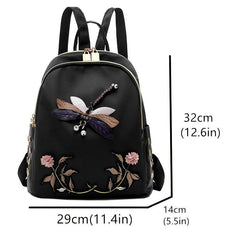 Dragonfly Embroidery Backpack Women's Floral Pattern Bookbag
