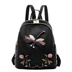 Dragonfly Embroidery Backpack Women's Floral Pattern Bookbag