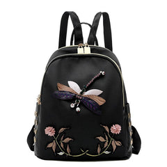 Dragonfly Embroidery Backpack Women's Floral Pattern Bookbag