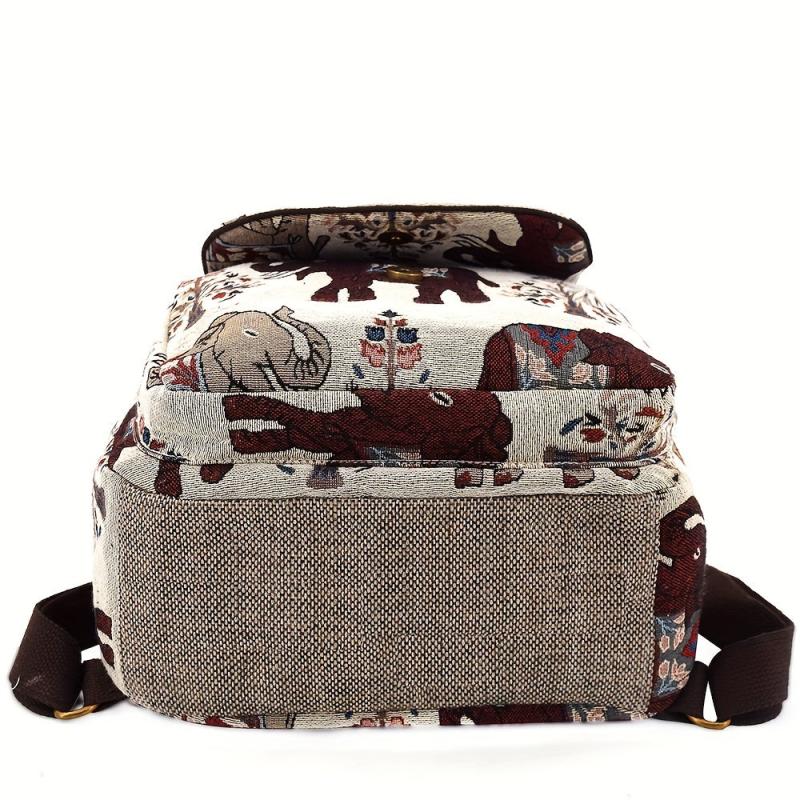 Elephant Pattern Fabric Backpack Ethnic Style Flap Bookbag