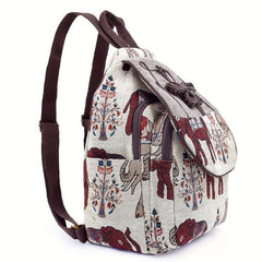 Elephant Pattern Fabric Backpack Ethnic Style Flap Bookbag