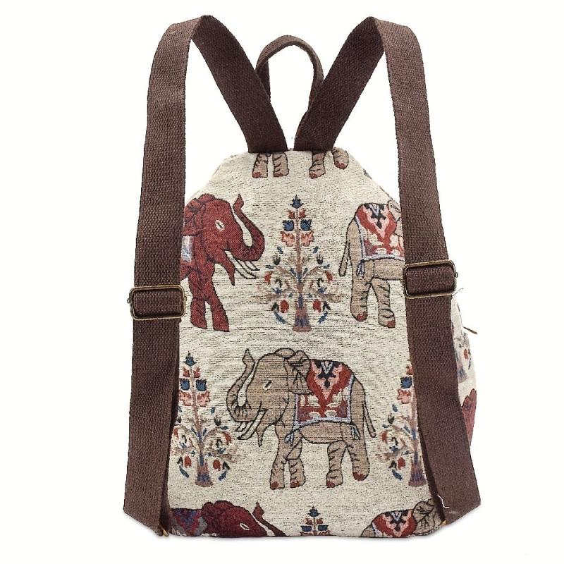 Elephant Pattern Fabric Backpack Ethnic Style Flap Bookbag