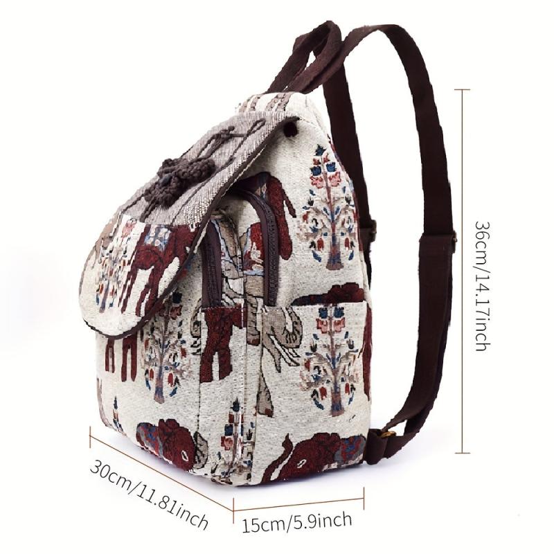 Elephant Pattern Fabric Backpack Ethnic Style Flap Bookbag